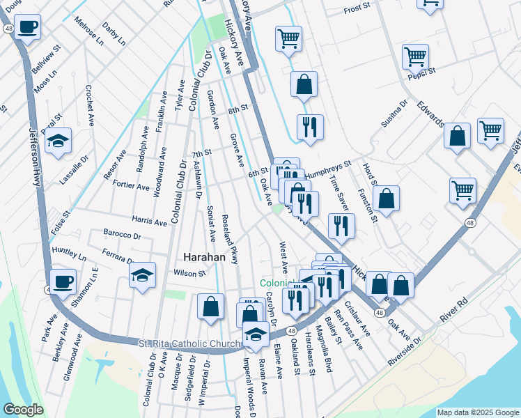 map of restaurants, bars, coffee shops, grocery stores, and more near 511 Grove Avenue in Harahan