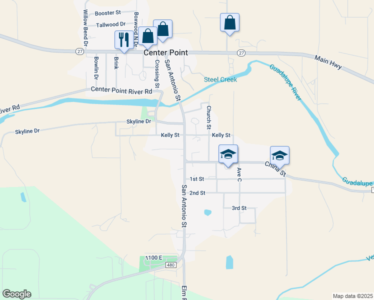 map of restaurants, bars, coffee shops, grocery stores, and more near 318 San Antonio Street in Center Point