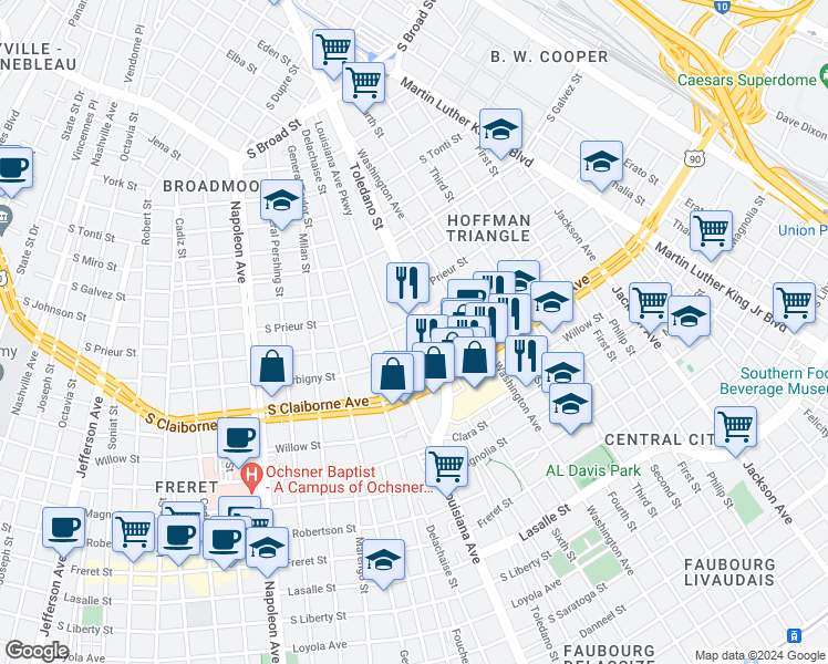 map of restaurants, bars, coffee shops, grocery stores, and more near 3022 Toledano Street in New Orleans