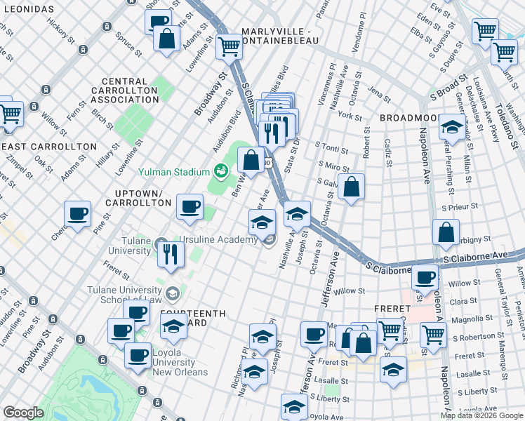map of restaurants, bars, coffee shops, grocery stores, and more near 2806 State Street in New Orleans