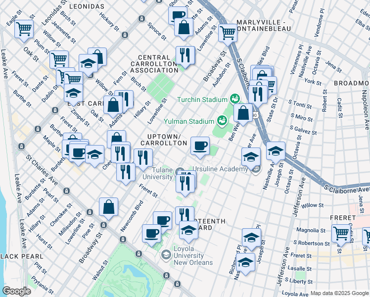 map of restaurants, bars, coffee shops, grocery stores, and more near 4 Audubon Boulevard in New Orleans
