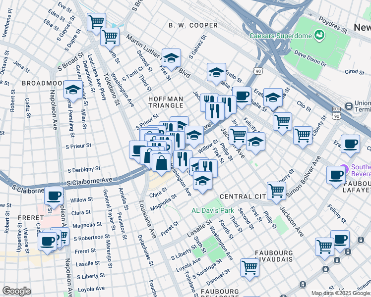 map of restaurants, bars, coffee shops, grocery stores, and more near 2610 South Claiborne Avenue in New Orleans