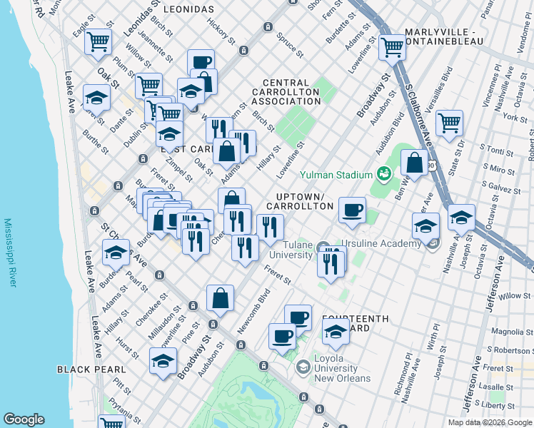 map of restaurants, bars, coffee shops, grocery stores, and more near 1225 Pine Street in New Orleans