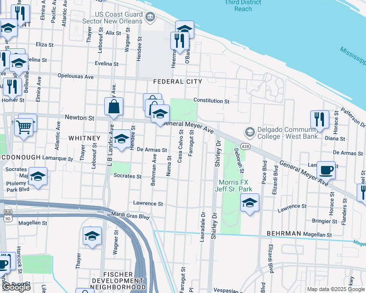 map of restaurants, bars, coffee shops, grocery stores, and more near 1122 Casa Calvo Street in New Orleans
