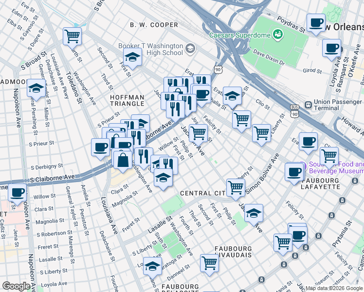 map of restaurants, bars, coffee shops, grocery stores, and more near 2812 Philip Street in New Orleans