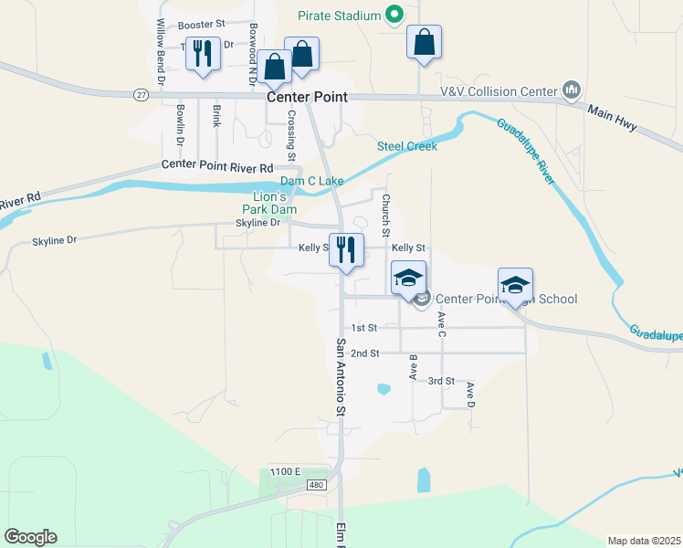 map of restaurants, bars, coffee shops, grocery stores, and more near 318 San Antonio Street in Center Point
