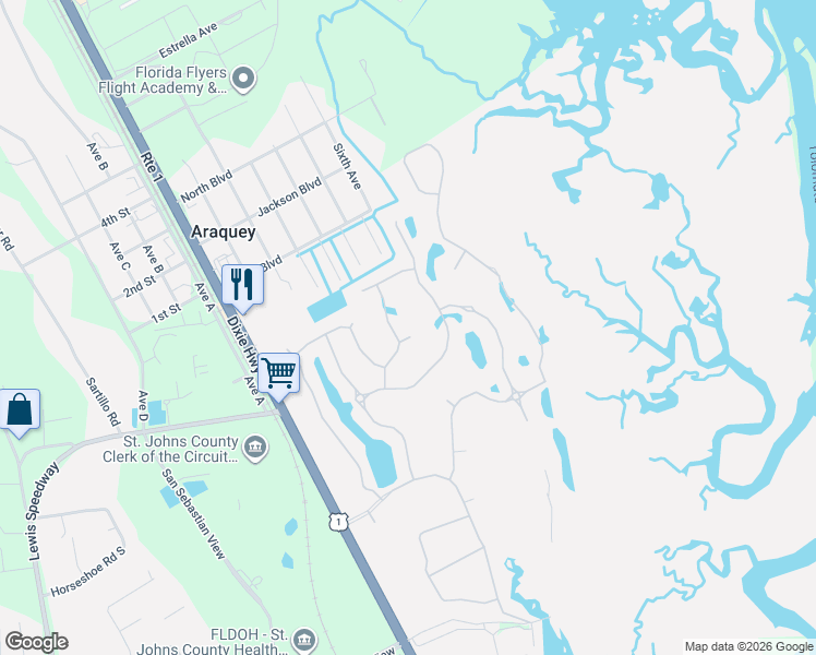 map of restaurants, bars, coffee shops, grocery stores, and more near 35 Gabacho Court in St. Augustine