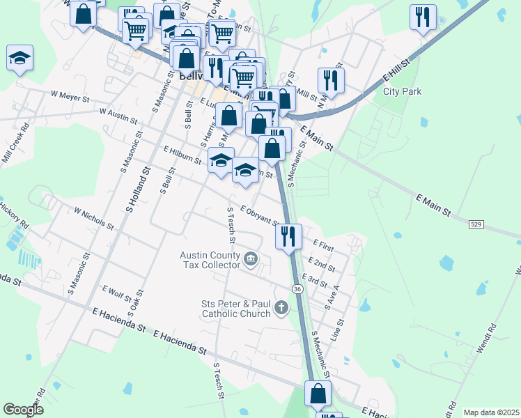 map of restaurants, bars, coffee shops, grocery stores, and more near 718 East Obryant Street in Bellville