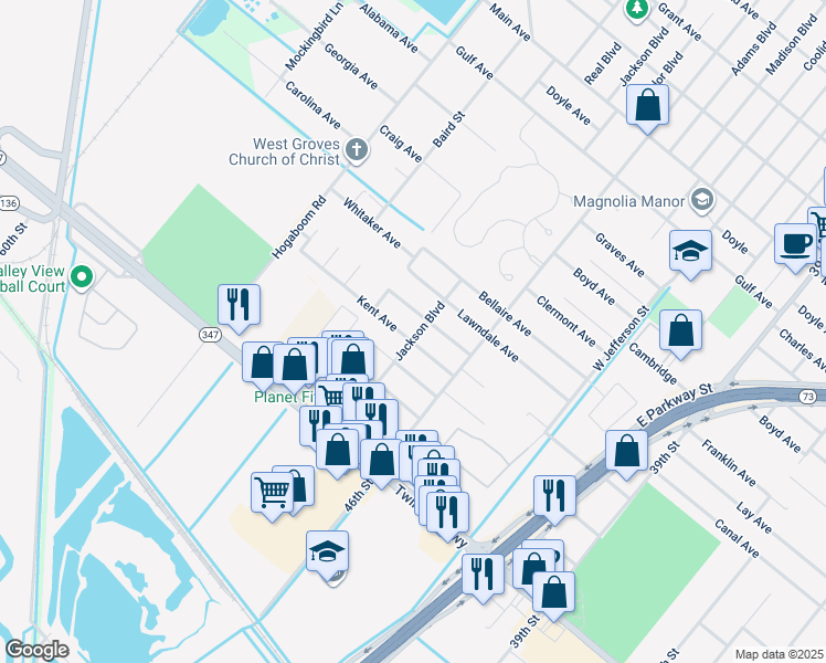map of restaurants, bars, coffee shops, grocery stores, and more near 5000 Kent Avenue in Groves
