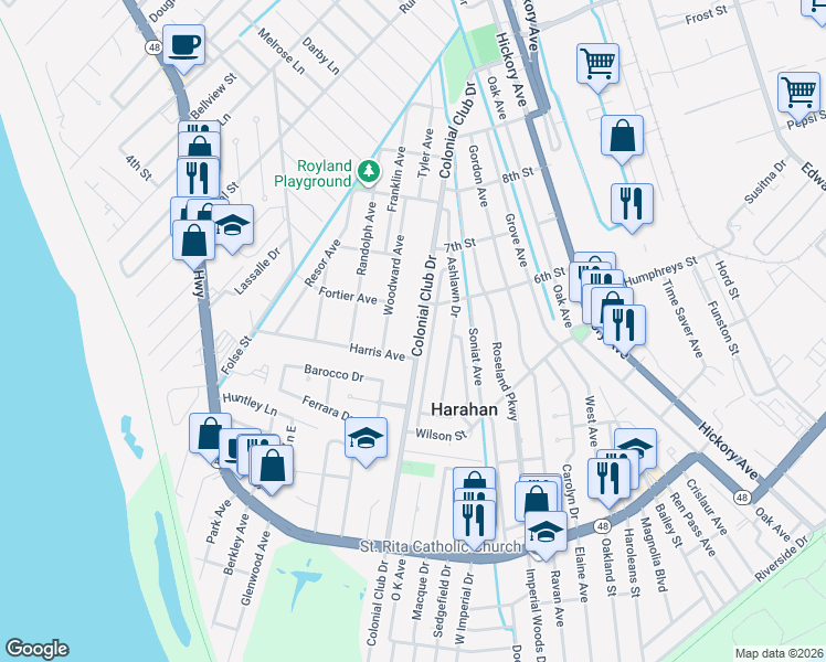 map of restaurants, bars, coffee shops, grocery stores, and more near 532 Colonial Club Drive in Harahan