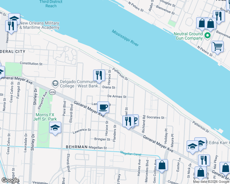 map of restaurants, bars, coffee shops, grocery stores, and more near 1116 Horace Street in New Orleans