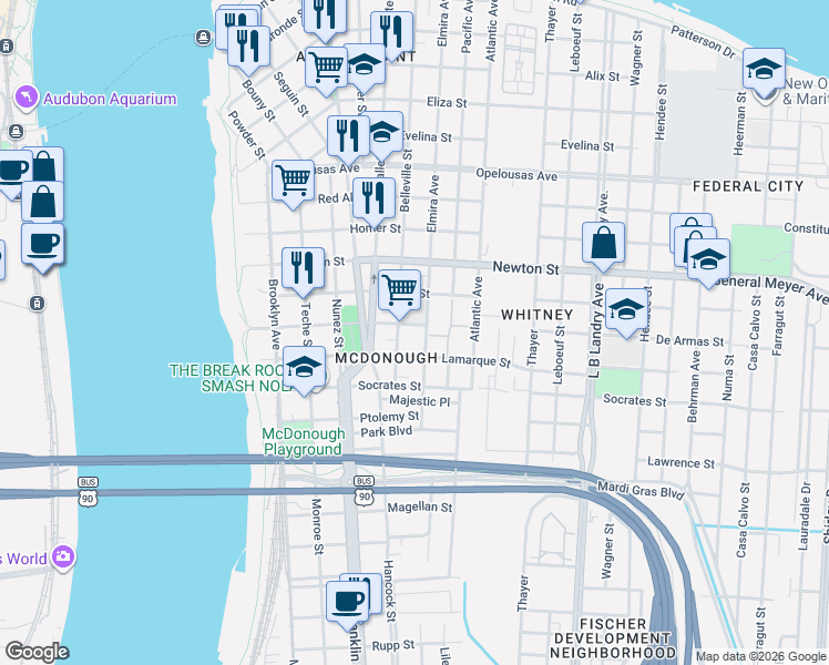 map of restaurants, bars, coffee shops, grocery stores, and more near 819 De Armas Street in New Orleans