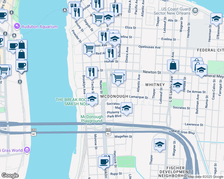 map of restaurants, bars, coffee shops, grocery stores, and more near 1222 Vallette Street in New Orleans