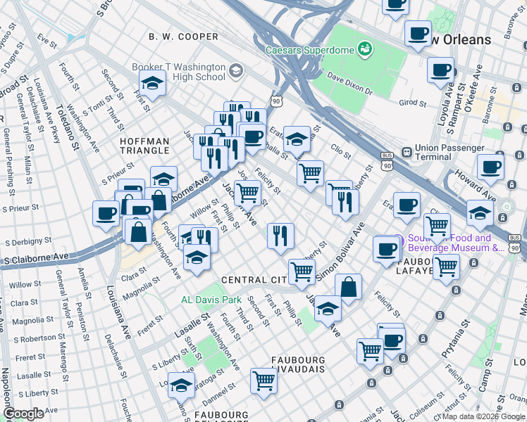 map of restaurants, bars, coffee shops, grocery stores, and more near 2624 Josephine Street in New Orleans