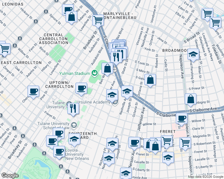 map of restaurants, bars, coffee shops, grocery stores, and more near 2806 State Street in New Orleans