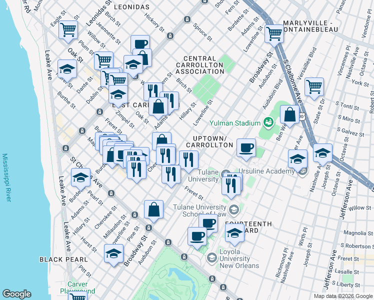 map of restaurants, bars, coffee shops, grocery stores, and more near 1225 Pine Street in New Orleans