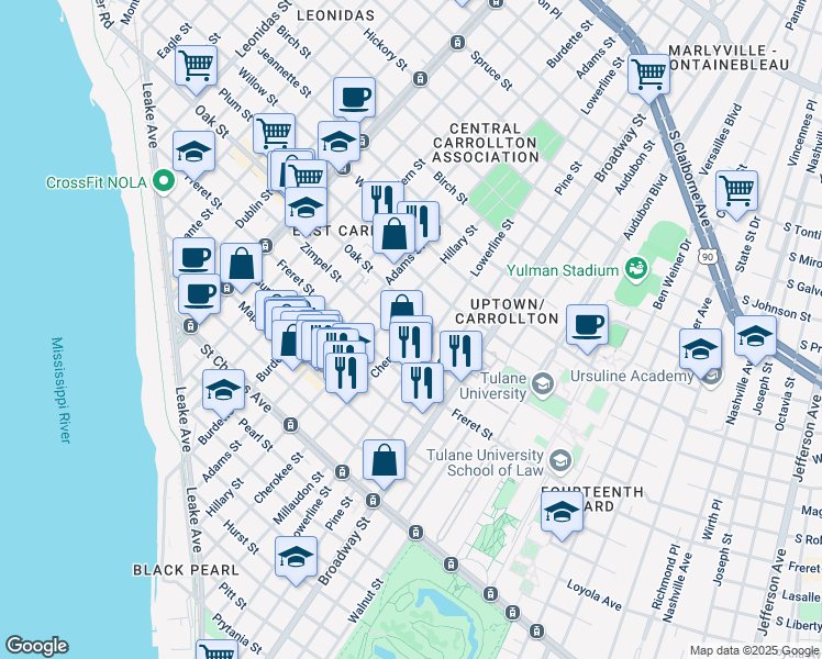 map of restaurants, bars, coffee shops, grocery stores, and more near 7510 Zimple Street in New Orleans