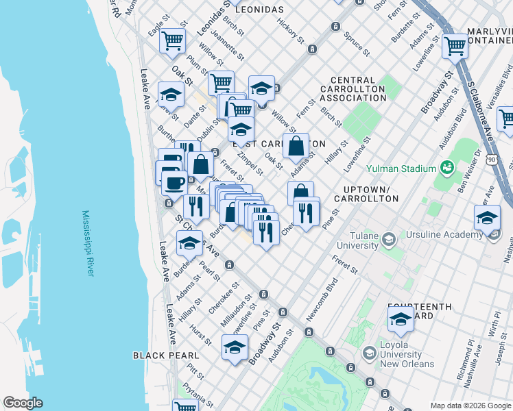map of restaurants, bars, coffee shops, grocery stores, and more near 7723 Burthe Street in New Orleans