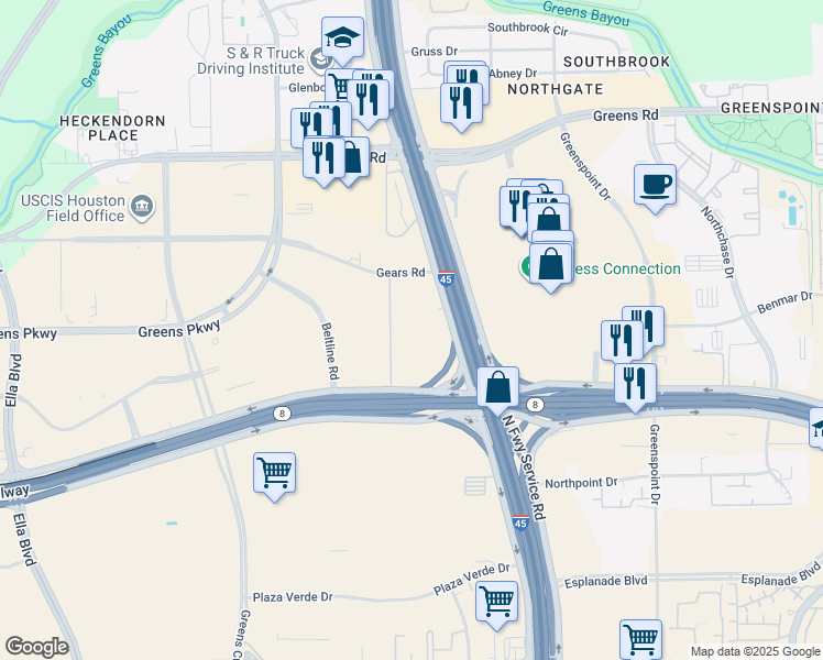 map of restaurants, bars, coffee shops, grocery stores, and more near 12031 North Freeway in Houston