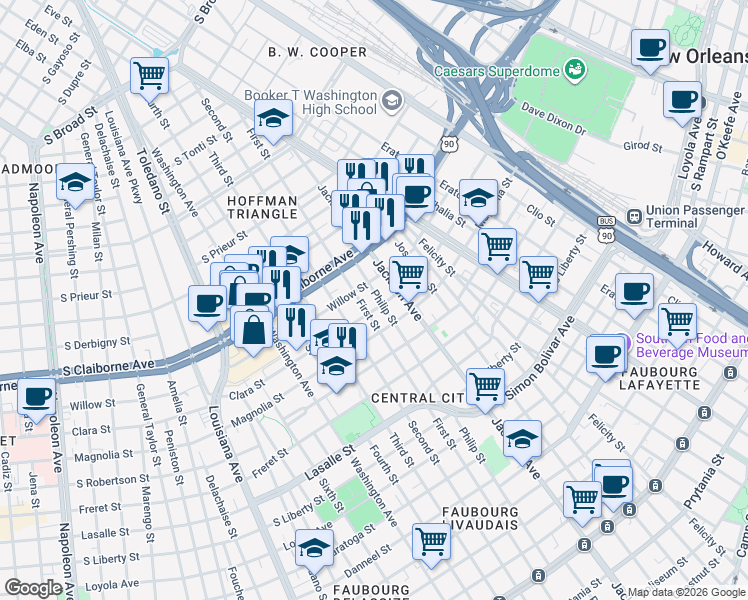 map of restaurants, bars, coffee shops, grocery stores, and more near 2810 Philip Street in New Orleans