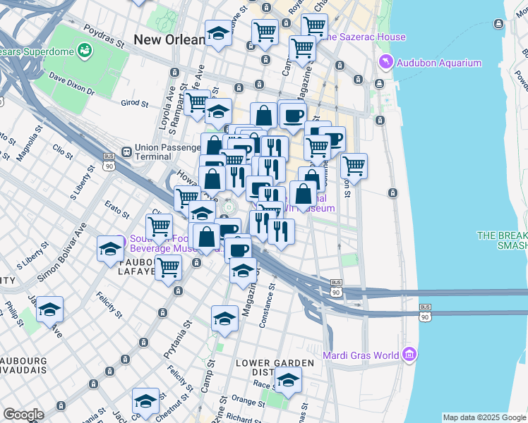 map of restaurants, bars, coffee shops, grocery stores, and more near 527 Andrew Higgins Boulevard in New Orleans