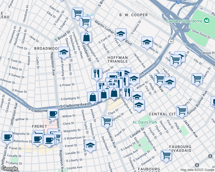 map of restaurants, bars, coffee shops, grocery stores, and more near 2829 South Derbigny Street in New Orleans