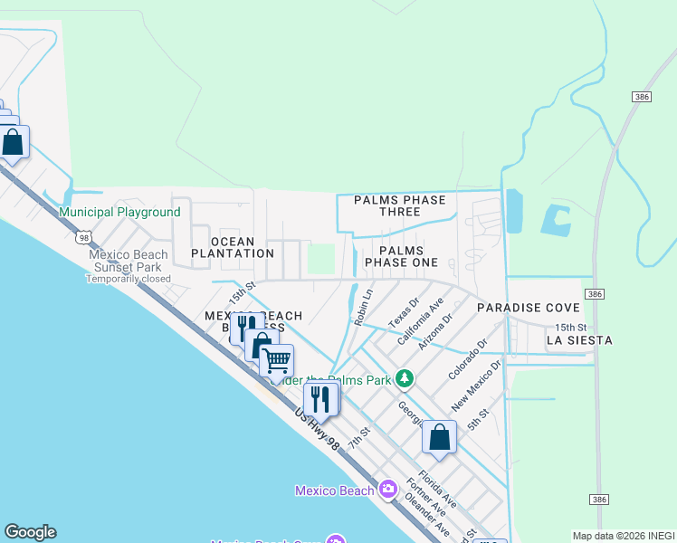 map of restaurants, bars, coffee shops, grocery stores, and more near 1202 Sleepy Hollow in Mexico Beach