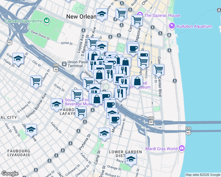 map of restaurants, bars, coffee shops, grocery stores, and more near 1000 Saint Charles Avenue in New Orleans