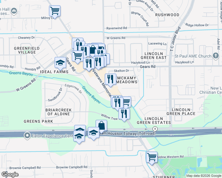 map of restaurants, bars, coffee shops, grocery stores, and more near 11106 Veterans Memorial Drive in Houston