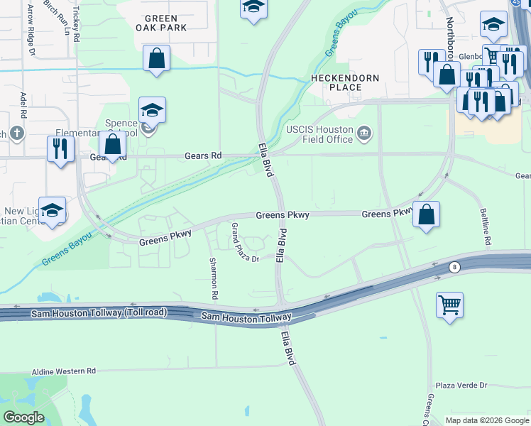 map of restaurants, bars, coffee shops, grocery stores, and more near Greens Parkway in Houston