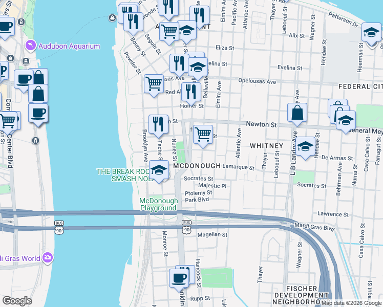 map of restaurants, bars, coffee shops, grocery stores, and more near 1222 Vallette Street in New Orleans