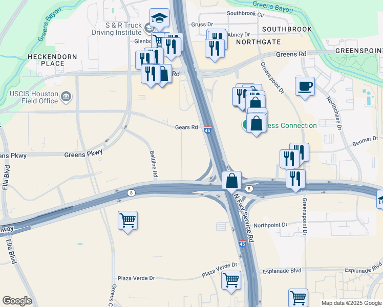 map of restaurants, bars, coffee shops, grocery stores, and more near 12031 North Freeway in Houston