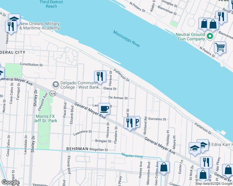 map of restaurants, bars, coffee shops, grocery stores, and more near 1116 Horace Street in New Orleans