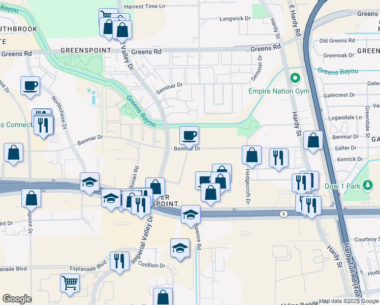 map of restaurants, bars, coffee shops, grocery stores, and more near 440 Benmar Drive in Houston