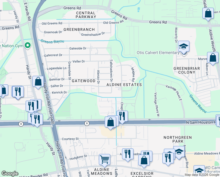 map of restaurants, bars, coffee shops, grocery stores, and more near 1054 Salter Drive in Houston