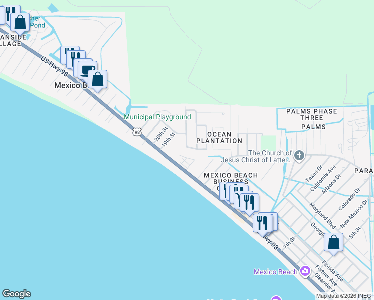 map of restaurants, bars, coffee shops, grocery stores, and more near 211 Nannook Road in Mexico Beach