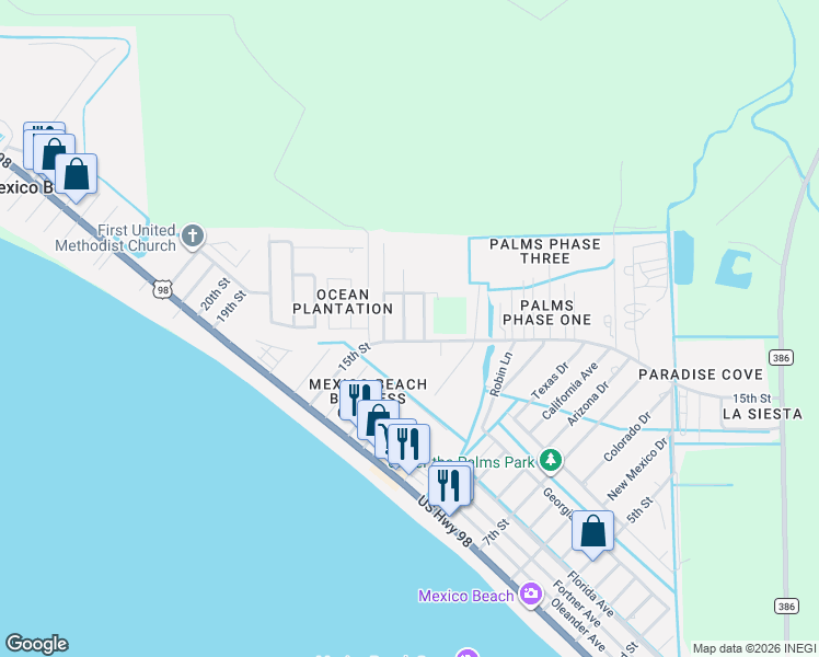 map of restaurants, bars, coffee shops, grocery stores, and more near 100 Saint Frances Street in Mexico Beach