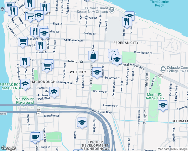 map of restaurants, bars, coffee shops, grocery stores, and more near 1610 De Armas Street in New Orleans