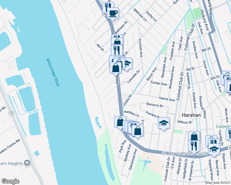 map of restaurants, bars, coffee shops, grocery stores, and more near 8721 Jefferson Highway in New Orleans