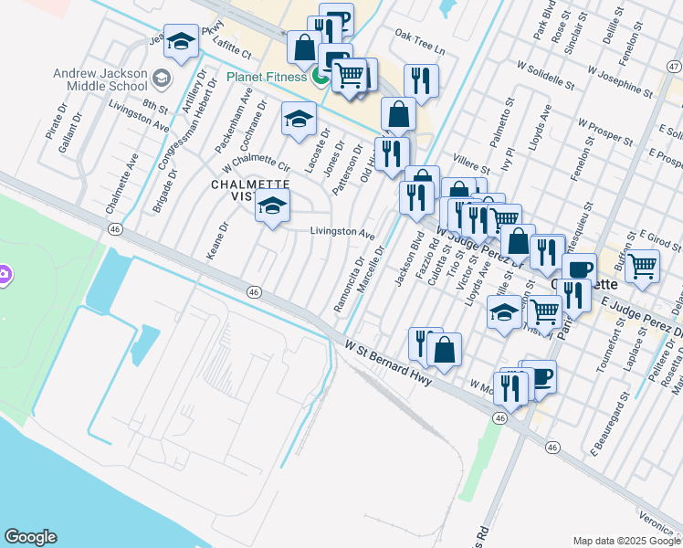 map of restaurants, bars, coffee shops, grocery stores, and more near 27 Old Hickory Avenue in Chalmette