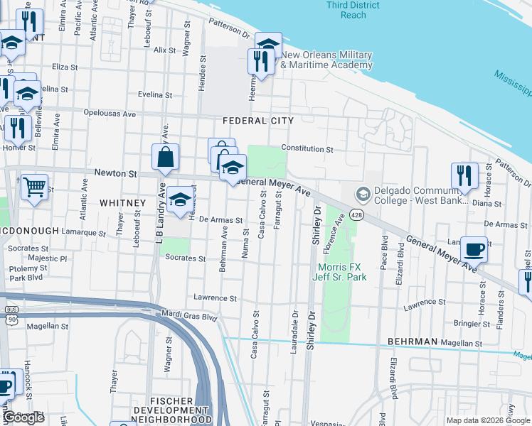 map of restaurants, bars, coffee shops, grocery stores, and more near 1122 Casa Calvo Street in New Orleans