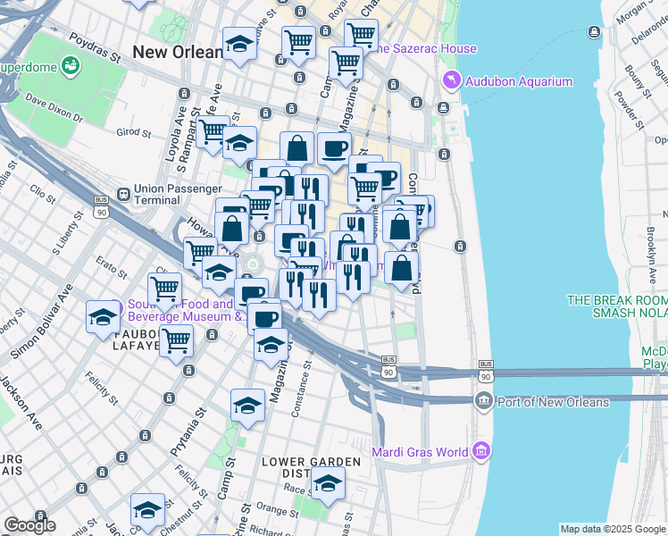 map of restaurants, bars, coffee shops, grocery stores, and more near 923 Constance Street in New Orleans