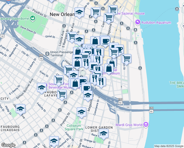 map of restaurants, bars, coffee shops, grocery stores, and more near 527 Andrew Higgins Boulevard in New Orleans