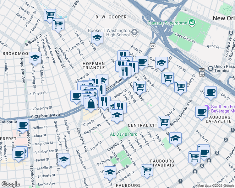 map of restaurants, bars, coffee shops, grocery stores, and more near 2301 Willow Street in New Orleans