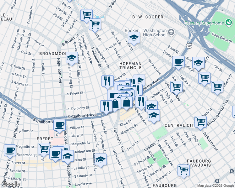 map of restaurants, bars, coffee shops, grocery stores, and more near 2829 South Derbigny Street in New Orleans