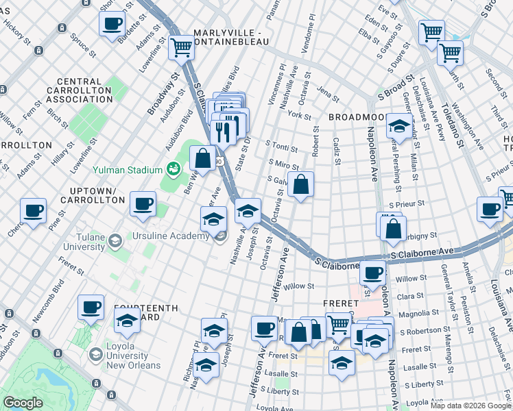 map of restaurants, bars, coffee shops, grocery stores, and more near 5535 South Claiborne Avenue in New Orleans