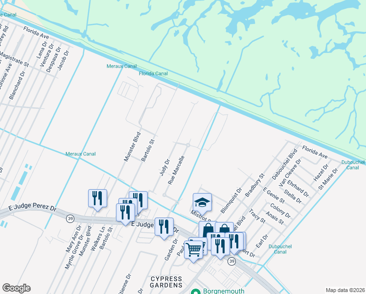 map of restaurants, bars, coffee shops, grocery stores, and more near 3224 Rue Marcelle in Meraux