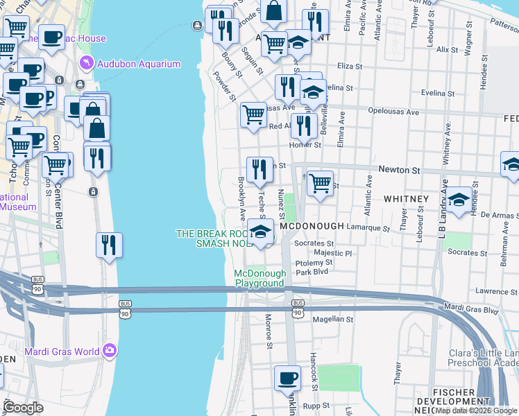 map of restaurants, bars, coffee shops, grocery stores, and more near 321 De Armas Street in New Orleans