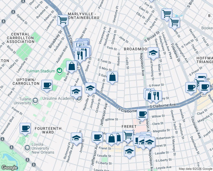 map of restaurants, bars, coffee shops, grocery stores, and more near 3122 Jefferson Avenue in New Orleans