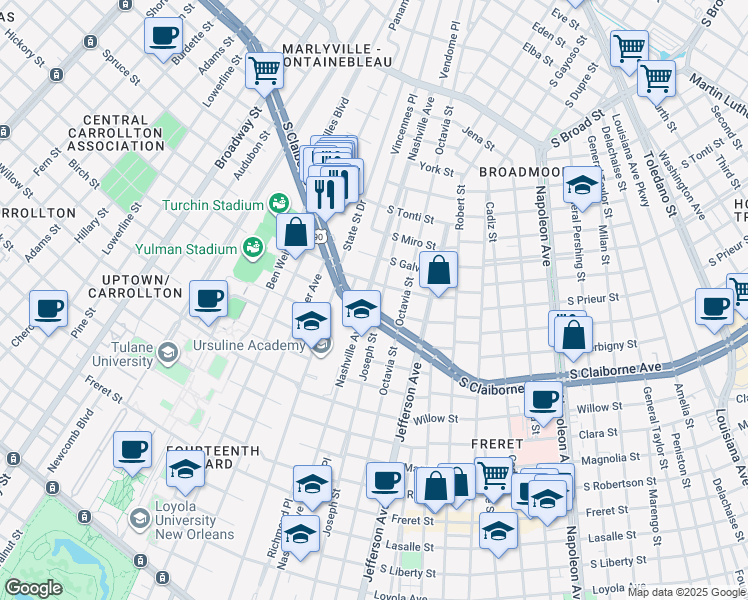 map of restaurants, bars, coffee shops, grocery stores, and more near 5535 South Claiborne Avenue in New Orleans